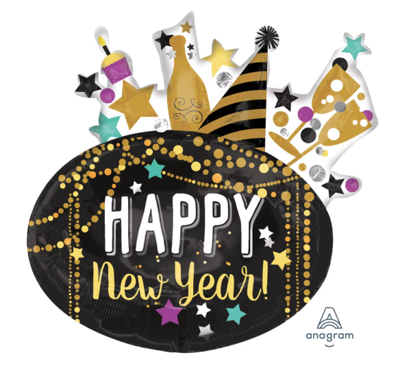 XL Folienballon - Happy New Year, Supershape  - ø 76cm